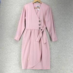 Leslie Fay Wrap Dress Womens 8P Pink Belted Long Sleeve Midi Asymmetric